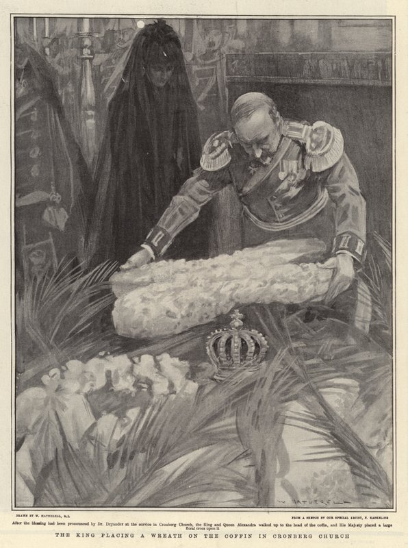 O rei colocando uma coroa no caixão na igreja de Cronberg de William Hatherell