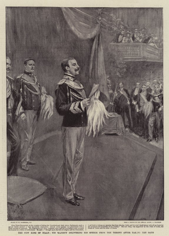 O novo rei da Itália, Sua Majestade, entregando seu discurso do trono depois de fazer o juramento de William Hatherell