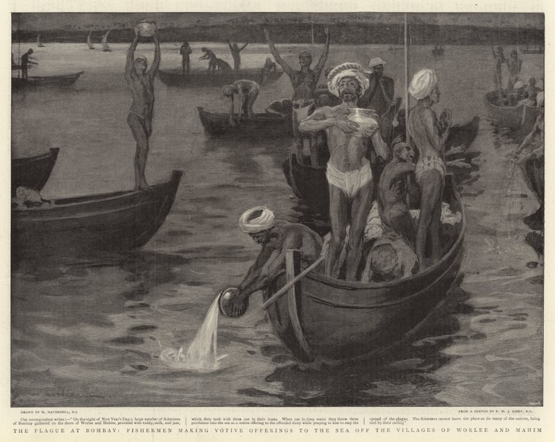 A Praga em Bombaim, Pescadores fazendo oferendas votivas ao Mar das Aldeias de Worlee e Mahim de William Hatherell