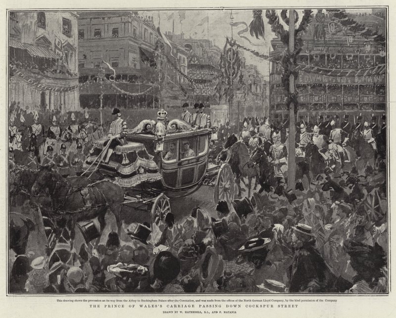 Carruagem do Príncipe de Gales passando pela Rua Cockspur de William Hatherell