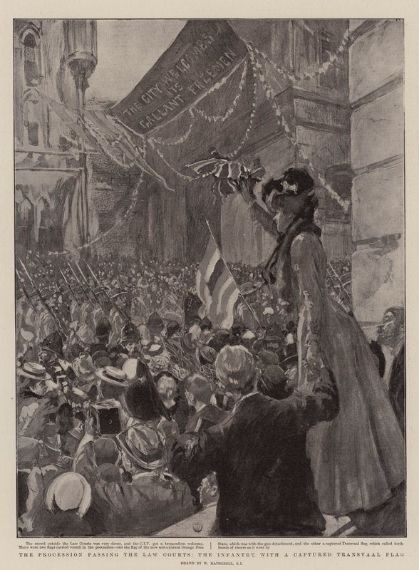 A procissão passando pelos tribunais, a infantaria com uma bandeira capturada de Transvaal de William Hatherell
