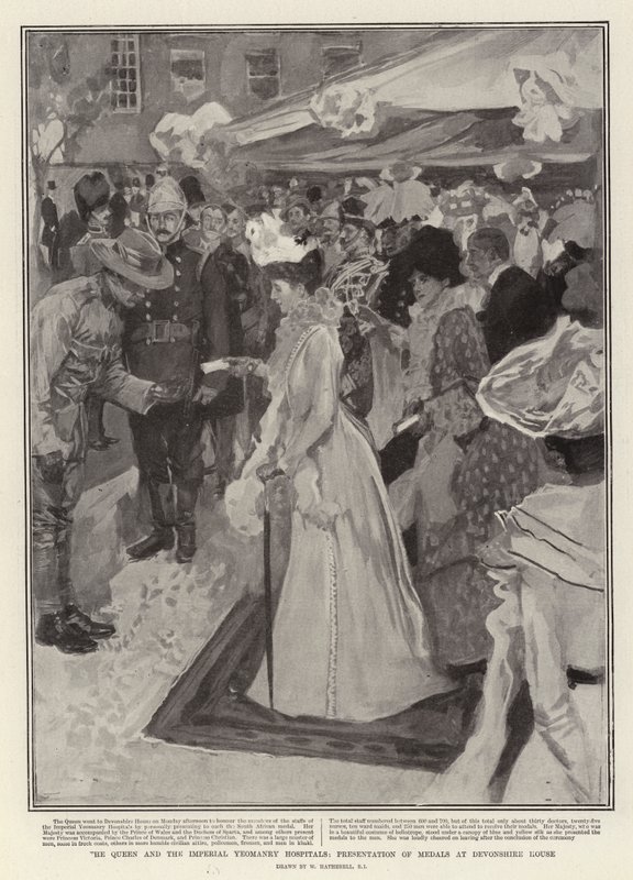 A Rainha e os Hospitais Imperiais Yeomanry, Apresentação de Medalhas na Casa Devonshire de William Hatherell