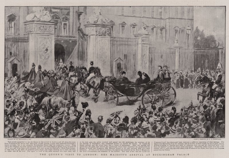 A visita da rainha a Londres, a chegada de Sua Majestade ao Palácio de Buckingham de William Hatherell