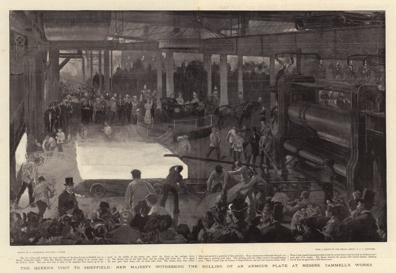 Visita da Rainha a Sheffield, Sua Majestade Testemunhando o Rolamento de uma Placa de Armadura nas Obras de Messrs Cammell de William Hatherell