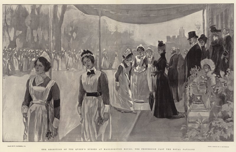 A recepção dos enfermeiros da rainha em Marlborough House, a procissão passando pelo Royal Pavilion de William Hatherell