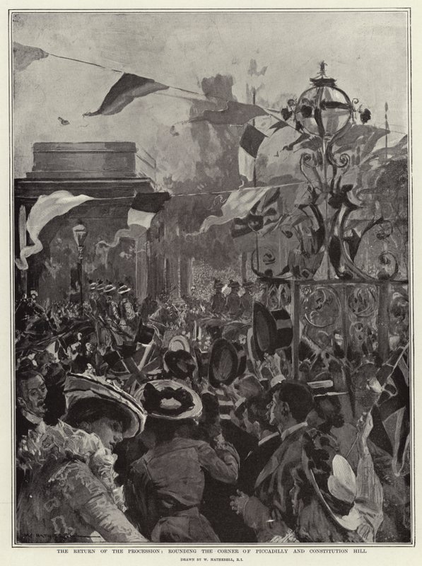 O retorno da procissão, arredondando a esquina de Piccadilly e Constitution Hill de William Hatherell