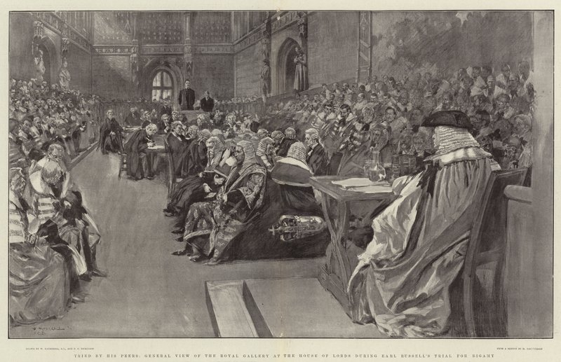 Julgado por seus colegas, visão geral da Galeria Real na Câmara dos Lordes durante o Julgamento de Bigamia, de Earl Russell de William Hatherell