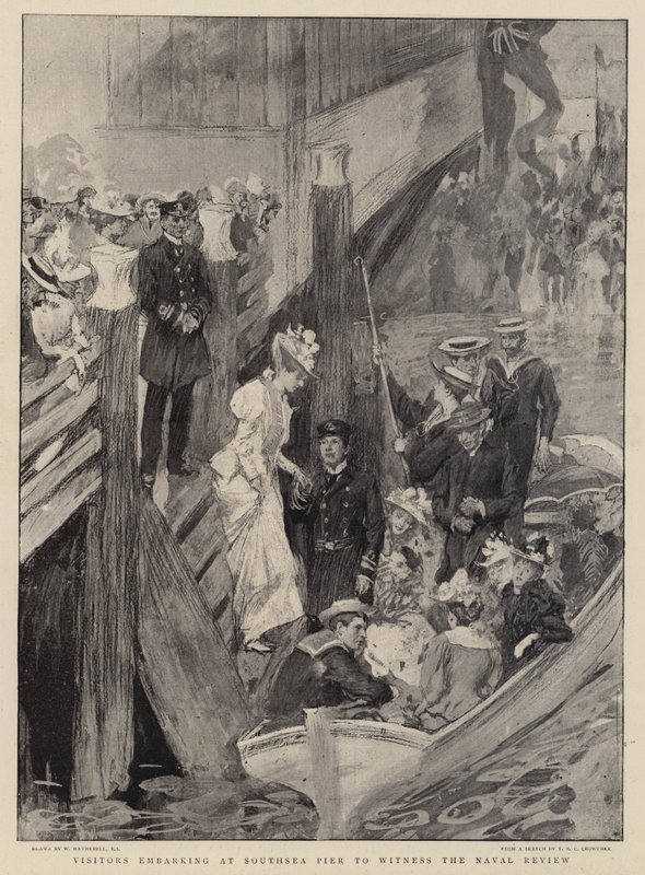 Visitantes que embarcam no Pier Southsea para testemunhar a revisão naval de William Hatherell