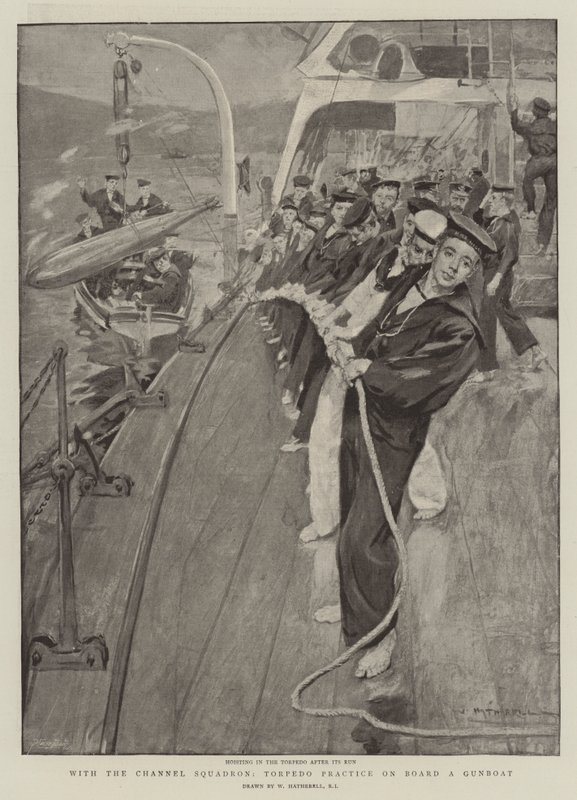 Com o Esquadrão do Canal, Prática de Torpedo a Bordo de uma Canhoneira de William Hatherell