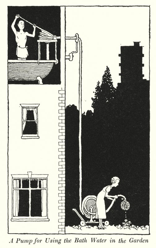 Uma Bomba para Utilizar a Água do Banho no Jardim (litho) de William Heath Robinson