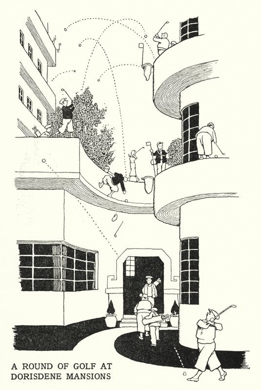 Uma Rodada de Golfe em Dorisdene Mansions (litho) de William Heath Robinson