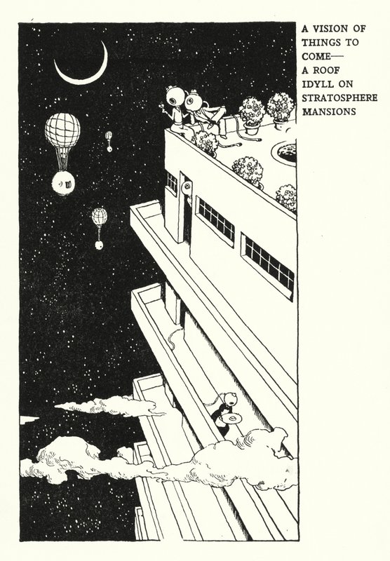 A Vision of Things to Come, A Roof Idyll on Stratosphere Mansions (litho) de William Heath Robinson