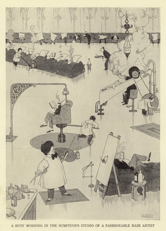 Uma manhã movimentada no sumptuoso estúdio de um cabeleireiro da moda de William Heath Robinson