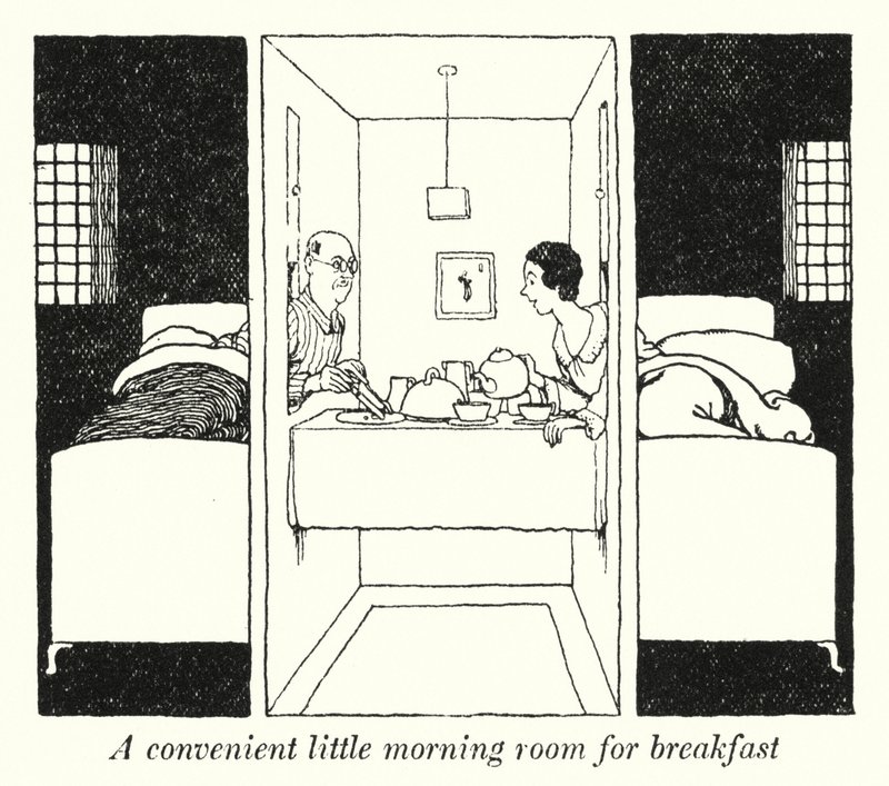 Um pequeno e conveniente quarto matinal para o pequeno-almoço (litho) de William Heath Robinson