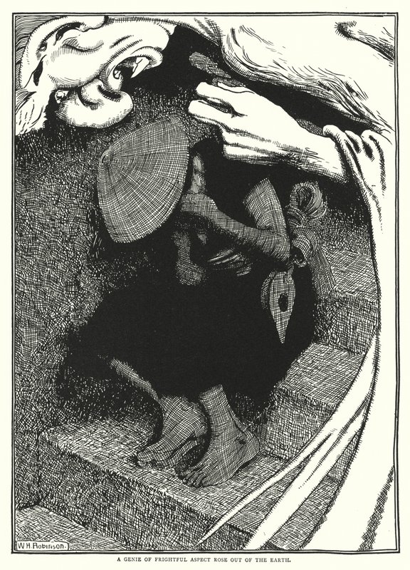 Um génio de aspecto assustador levantou-se da terra (gravura) de William Heath Robinson