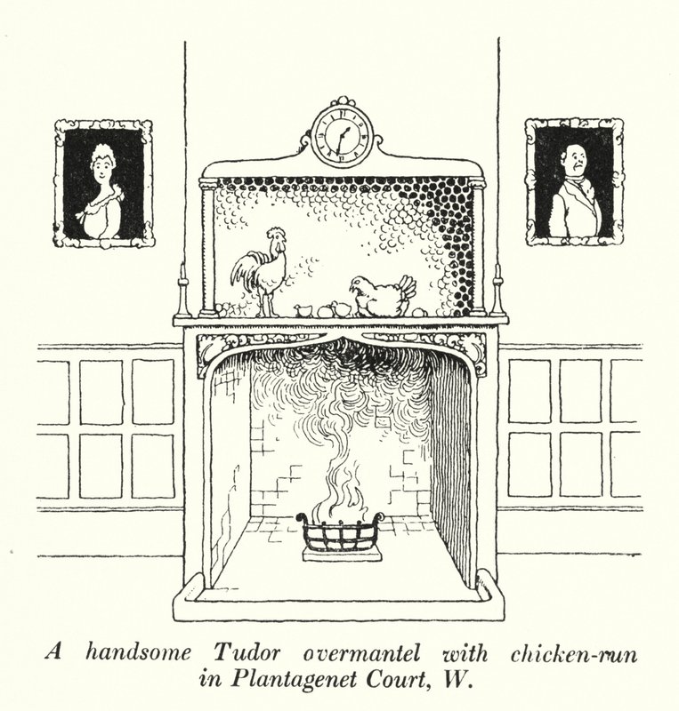 Um bonito Tudor overmantel com galinha em Plantagenet Court, W (litho) de William Heath Robinson