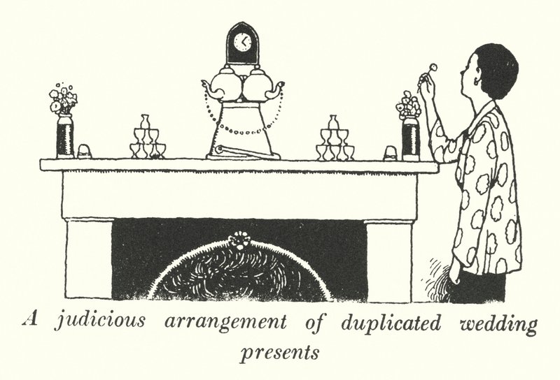 Um arranjo criterioso de presentes de casamento duplicados (litho) de William Heath Robinson