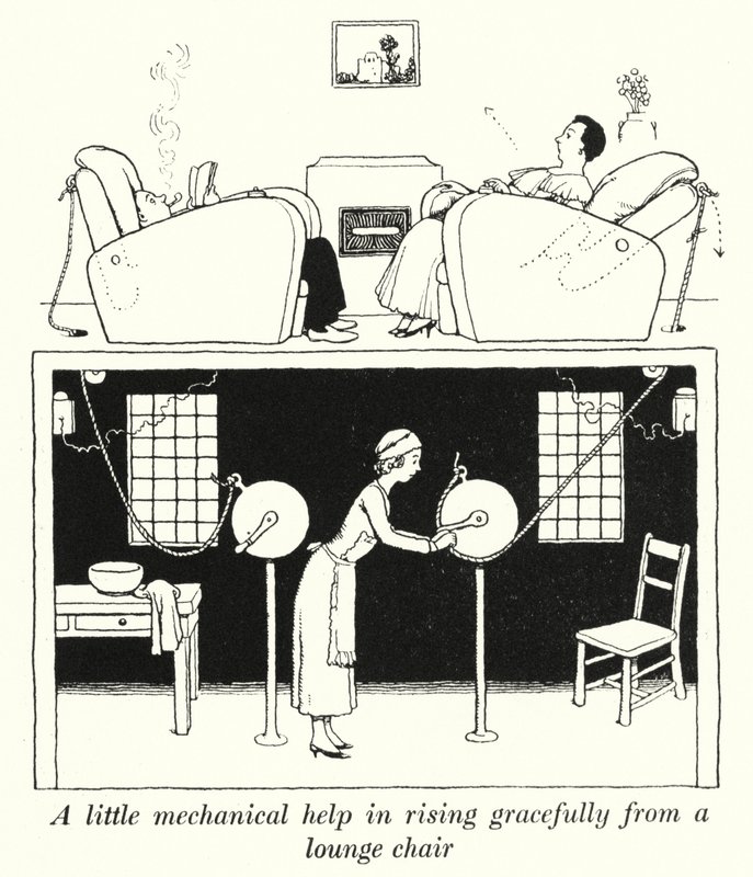 Uma pequena ajuda mecânica para se levantar graciosamente de uma cadeira de descanso (litho) de William Heath Robinson