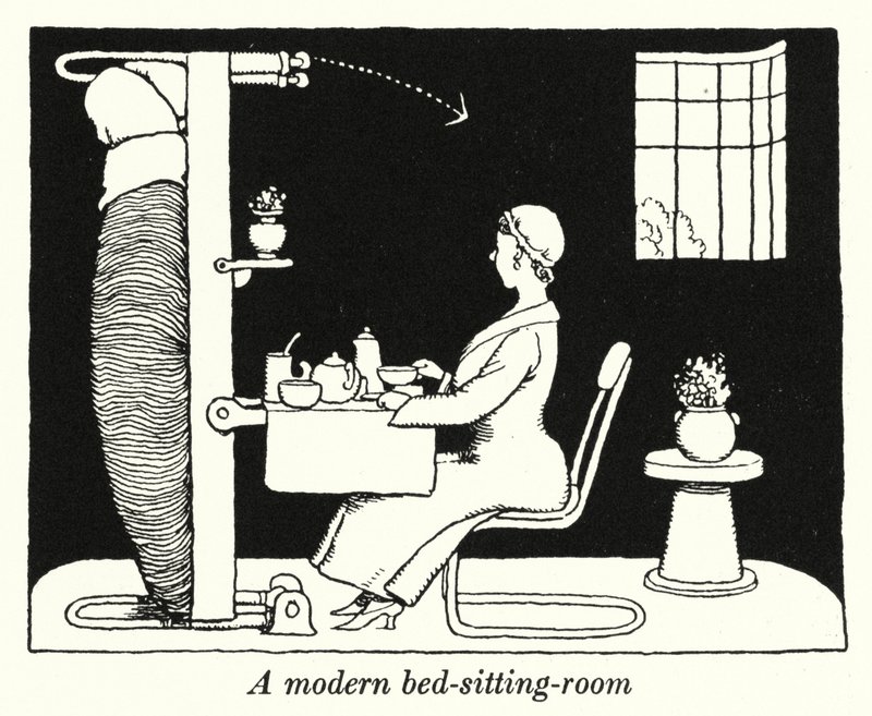 Um quarto de cama moderno (litho) de William Heath Robinson