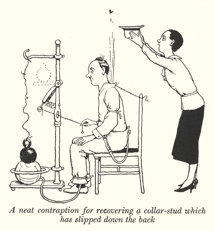 Uma engenhoca limpa para recuperar um colarinho que escorregou pelas costas (litho) de William Heath Robinson