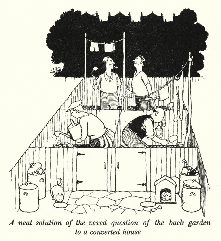 Uma solução limpa da questão controversa do jardim dos fundos para uma casa convertida (litho) de William Heath Robinson