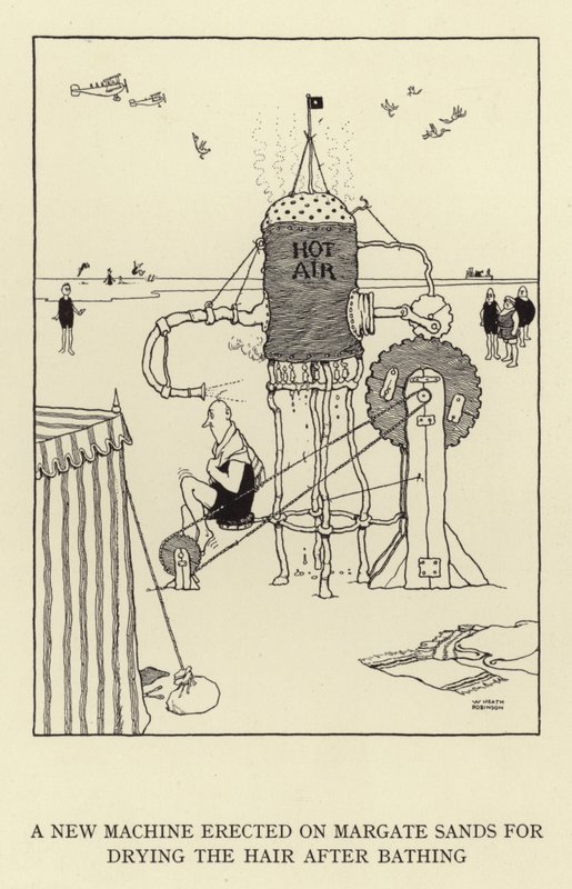 Uma nova máquina erguida em Margate Sands para secar o cabelo depois do banho de William Heath Robinson