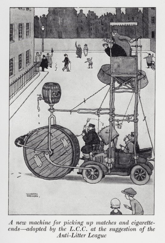 Uma nova máquina de recolha de jogos e pontas de cigarro adoptada pela LCC por sugestão da Liga Anti-Litter (litho) de William Heath Robinson