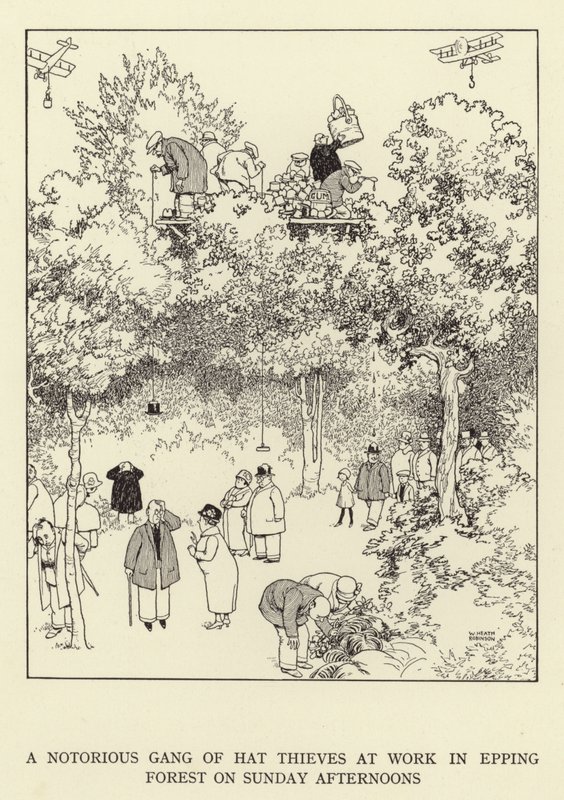 Uma notória gangue de ladrões de chapéu trabalhando em Epping Forest nas tardes de domingo de William Heath Robinson
