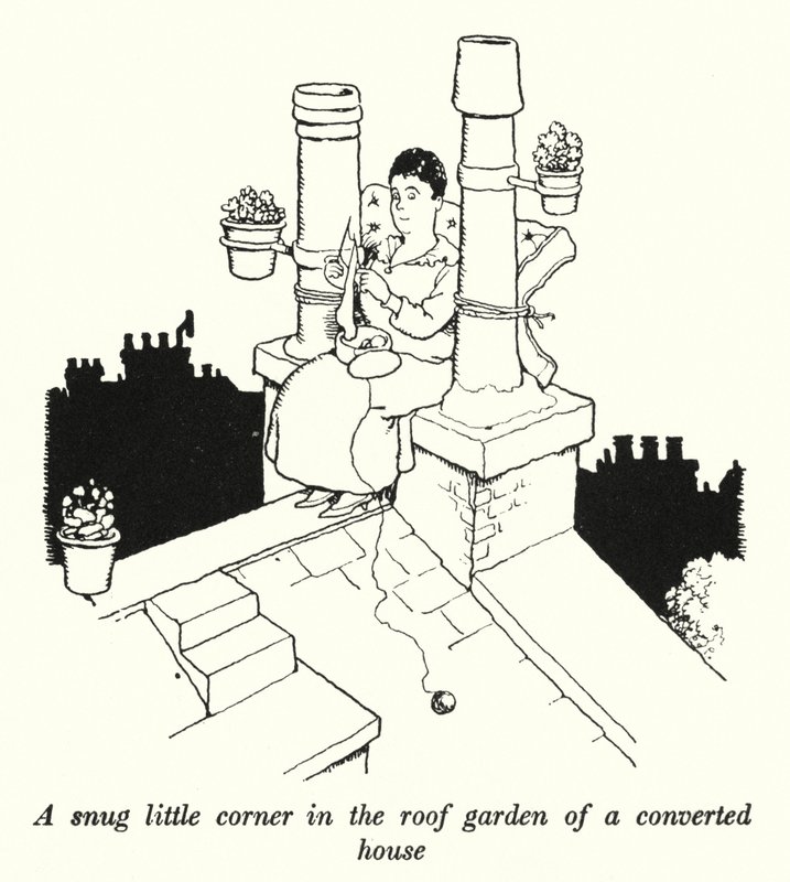 Um cantinho no jardim do telhado de uma casa convertida (litho) de William Heath Robinson