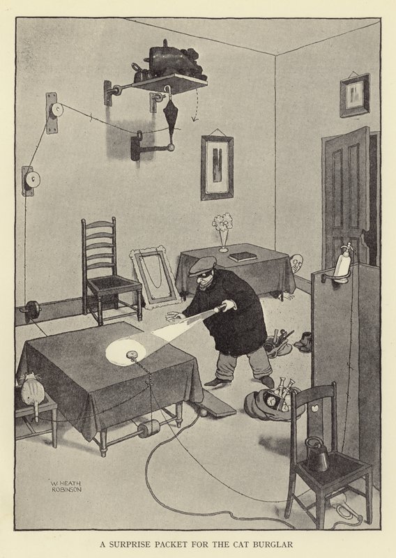 Um pacote surpresa para o ladrão de gatos de William Heath Robinson