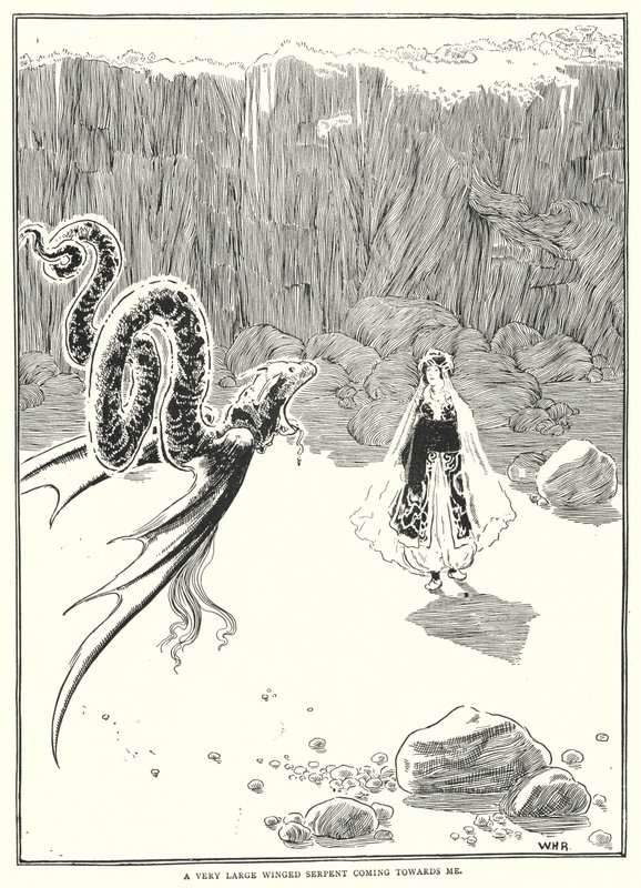 Uma serpente alada muito grande a vir na minha direcção (gravura) de William Heath Robinson