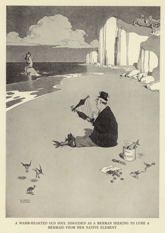 Uma alma velha de coração caloroso disfarçada como um tritão que busca atrair uma sereia de seu elemento nativo de William Heath Robinson