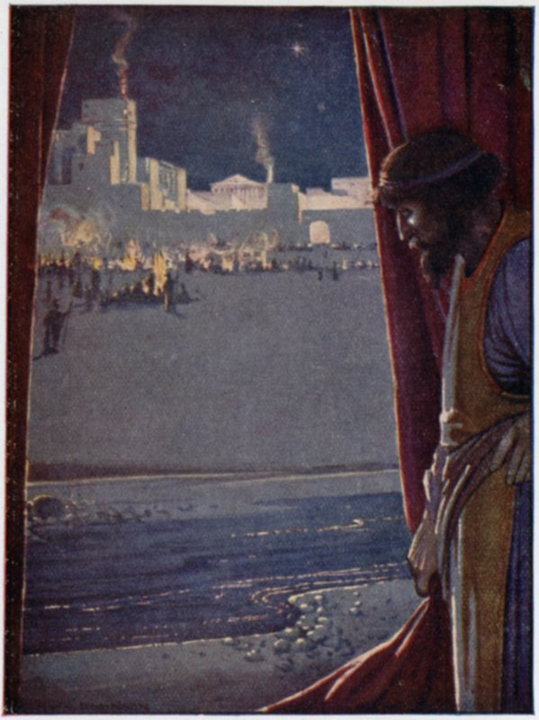 Agamémnon ouviu o som de flauta e cano e o riso dos homens enquanto os troianos festejavam e se alegravam (cor litho) de William Heath Robinson