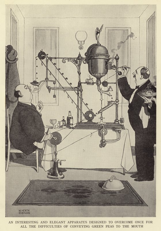 Um aparelho interessante e elegante projetado para superar uma vez por todas as dificuldades de transmitir ervilhas verdes para a boca de William Heath Robinson