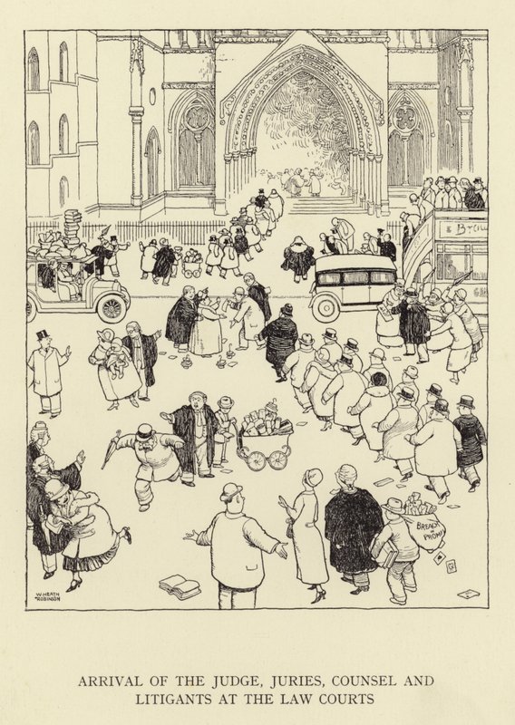 Chegada do juiz, júris, advogado e litigantes nos tribunais de justiça de William Heath Robinson
