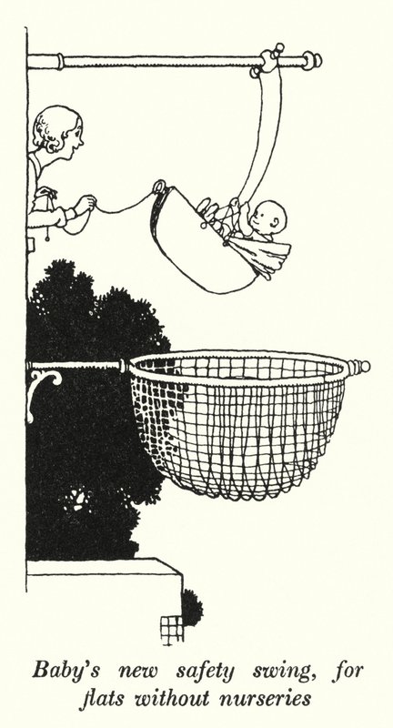 O novo baloiço de segurança do bebé, para apartamentos sem berçários (litho) de William Heath Robinson