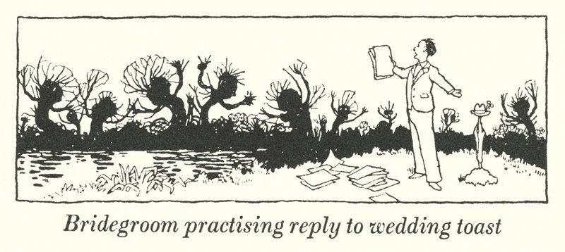 Noivo praticando resposta ao brinde de casamento (litho) de William Heath Robinson