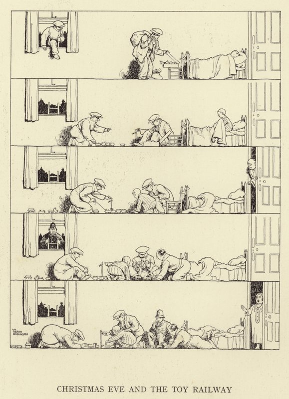 Véspera de natal e a ferrovia de brinquedo de William Heath Robinson