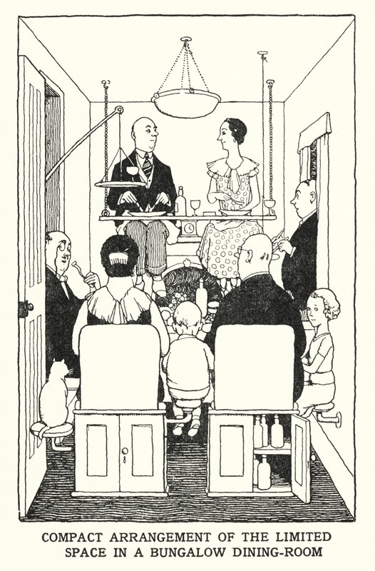 Arranjo compacto do espaço limitado de uma sala de jantar de Bungalow (litho) de William Heath Robinson