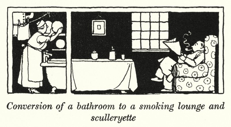 Conversão de uma casa de banho para uma sala de fumadores e uma escadaria (litho) de William Heath Robinson