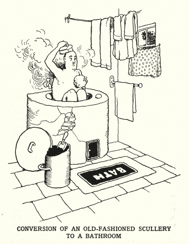 Conversão de uma antiga copa para uma casa de banho (litho) de William Heath Robinson