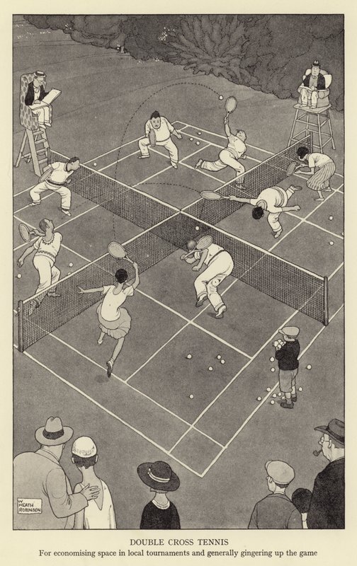 Ténis de cruz dupla, para economizar espaço em torneios locais e, geralmente, aumentar o jogo de William Heath Robinson