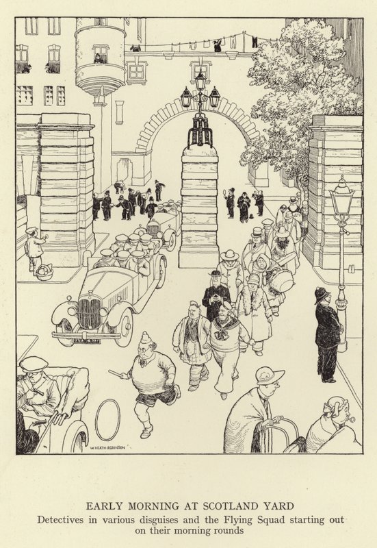 De madrugada na Scotland Yard, detectives em vários disfarces e o Flying Squad começando suas rondas matinais de William Heath Robinson