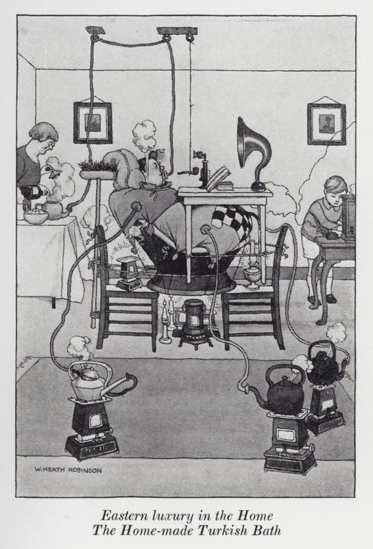 O luxo oriental em casa, O banho turco caseiro (litho) de William Heath Robinson