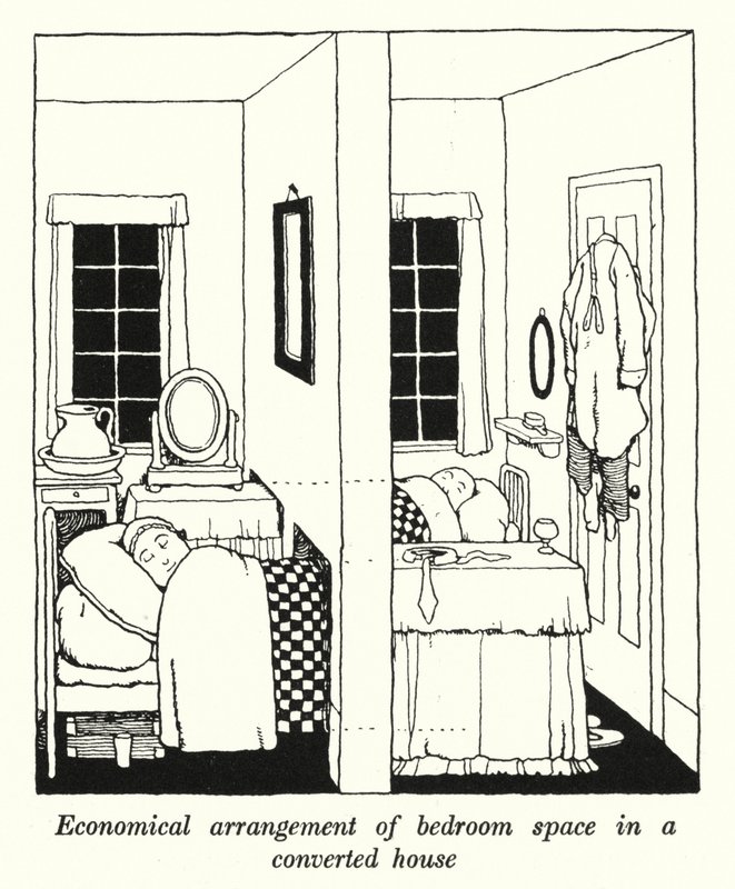 Arranjo económico do espaço do quarto numa casa convertida (litho) de William Heath Robinson