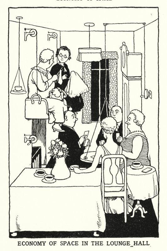 Economia de espaço na sala de estar (litho) de William Heath Robinson