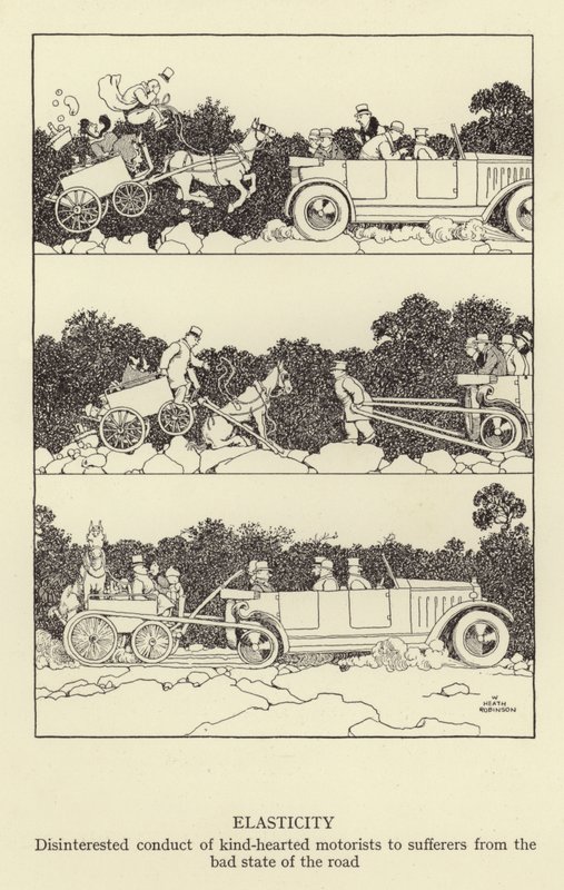 Elasticidade, conduta desinteressada de motoristas de bom coração para quem sofre do mau estado da estrada de William Heath Robinson