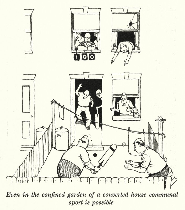 Mesmo no jardim confinado de uma casa convertida é possível o desporto comunitário (litho) de William Heath Robinson