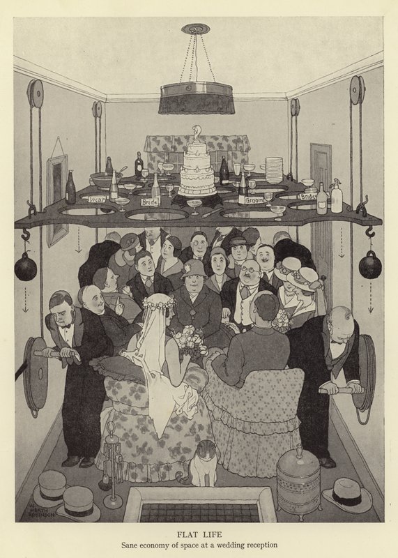 Vida plana, economia sã do espaço em uma recepção de casamento de William Heath Robinson