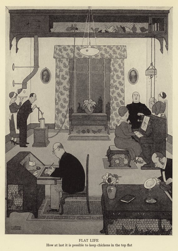 Vida plana, como, finalmente, é possível manter galinhas no topo plana de William Heath Robinson